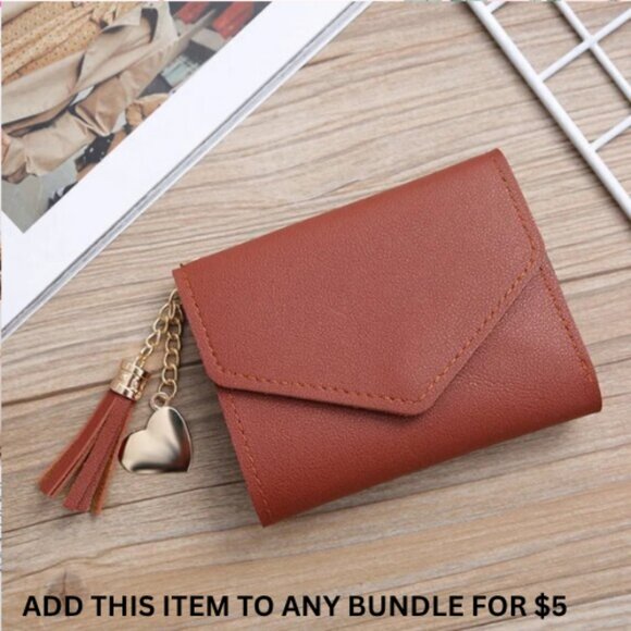 $5 ADD ON ITEM -Brown Faux Leather Wallet with Tassel & Heart Charm Bifold Card - Picture 1 of 5